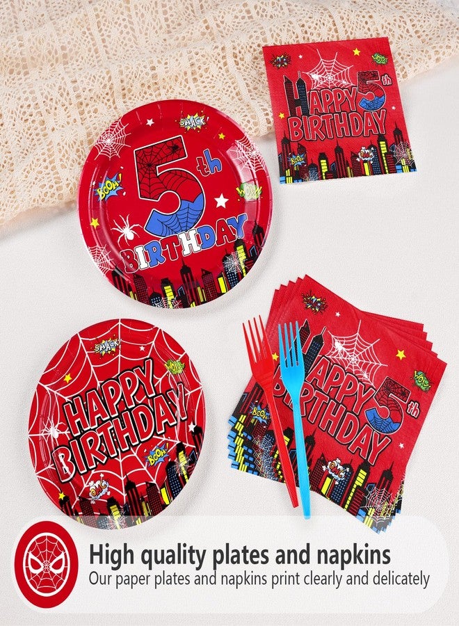 Grencian 96Pcs Cartoon Spider Birthday Party Decorations Red Blue Spider 5th Birthday Party Plates Disposable Super Theme Paper Tableware Set for Spider Kids 5 Year Old Supplies, Serves 24 - Image 2